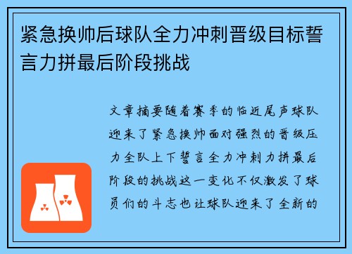 紧急换帅后球队全力冲刺晋级目标誓言力拼最后阶段挑战