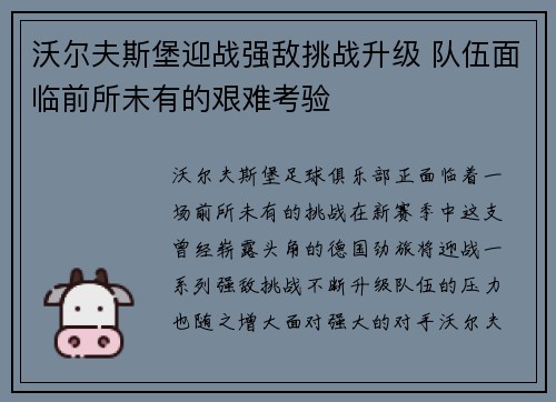 沃尔夫斯堡迎战强敌挑战升级 队伍面临前所未有的艰难考验