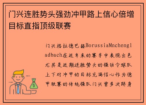 门兴连胜势头强劲冲甲路上信心倍增目标直指顶级联赛