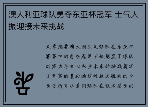 澳大利亚球队勇夺东亚杯冠军 士气大振迎接未来挑战