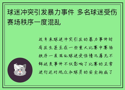 球迷冲突引发暴力事件 多名球迷受伤赛场秩序一度混乱