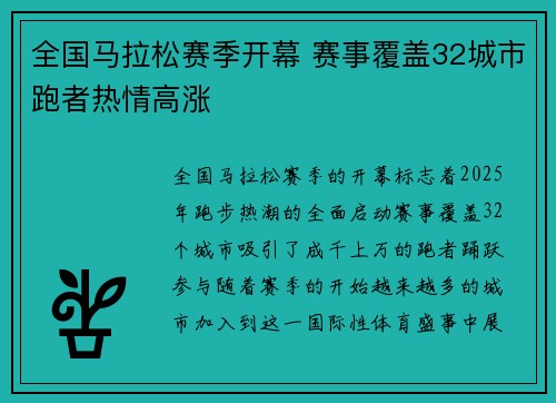 全国马拉松赛季开幕 赛事覆盖32城市跑者热情高涨
